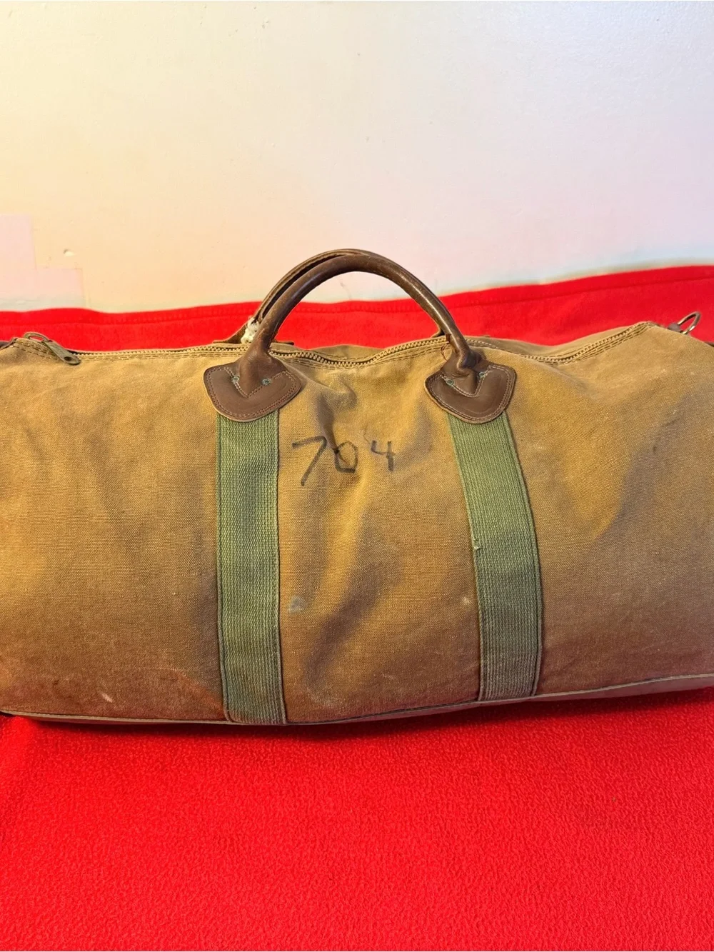 Large Vintage 80s LL Bean Duffle Bag Canvas Leather Trim Sawtooth Made in USA